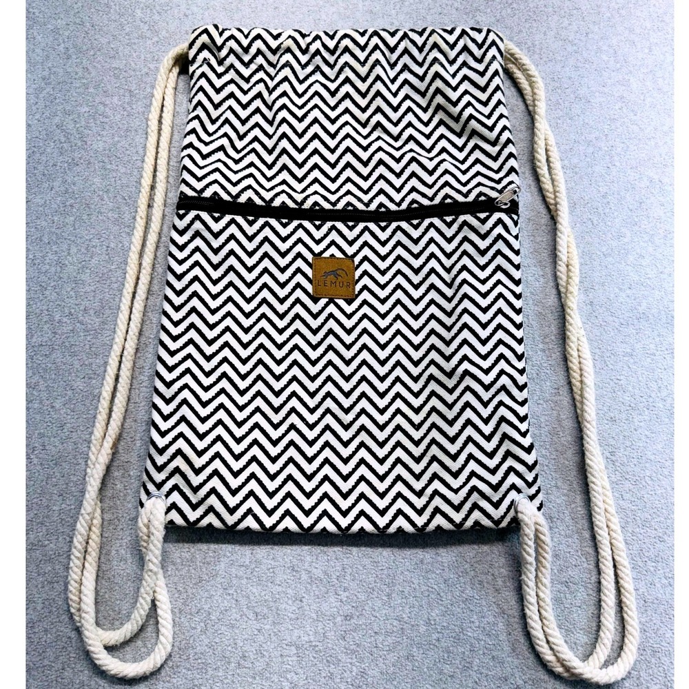 LEMUR Drawstring Backpack Black White Chevron Canvas Rope Gym Sack Zip Pocket